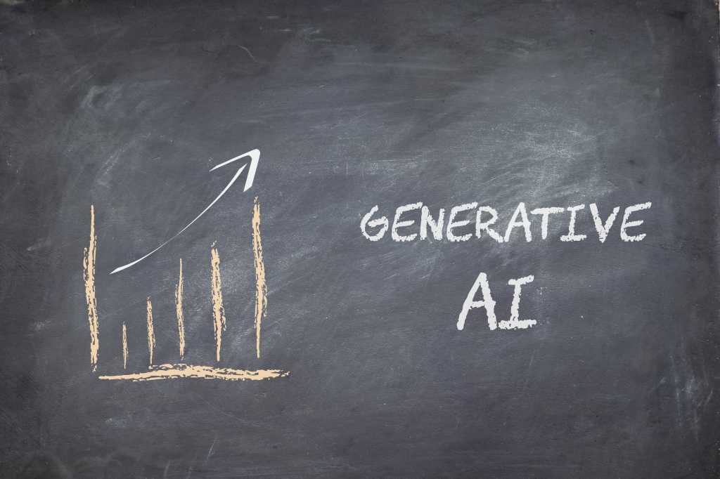 A graph on a blackboard shows an upward growth trajectory with the words 'Generative AI'