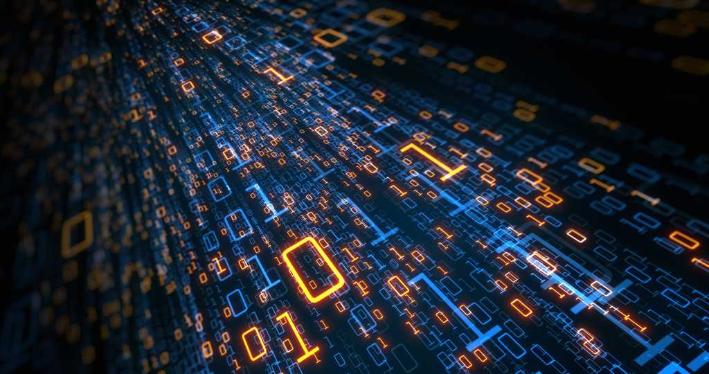 Digital binary data streaming binary data binary code yellow zeroes and blue ones 0 1 on a dark 3D plane