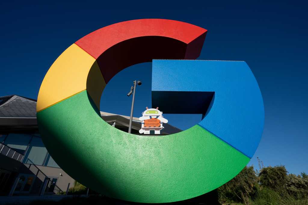 Mountain View, CA, USA - Nov 24, 2023: Giant G logo is seen at Google's new Bay View campus, an all-electric campus totaling 1.1 million square at its headquarters in Mountain View, California.