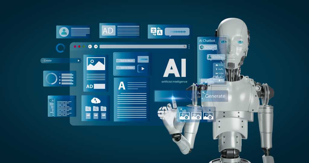 Ai technology. Artificial Intelligence. Humanoid Robot use AI tools for generate images, write code, writer bot, translate, advertising. AI assistant. Text to music, video. chatbot. LLM. AI robot.