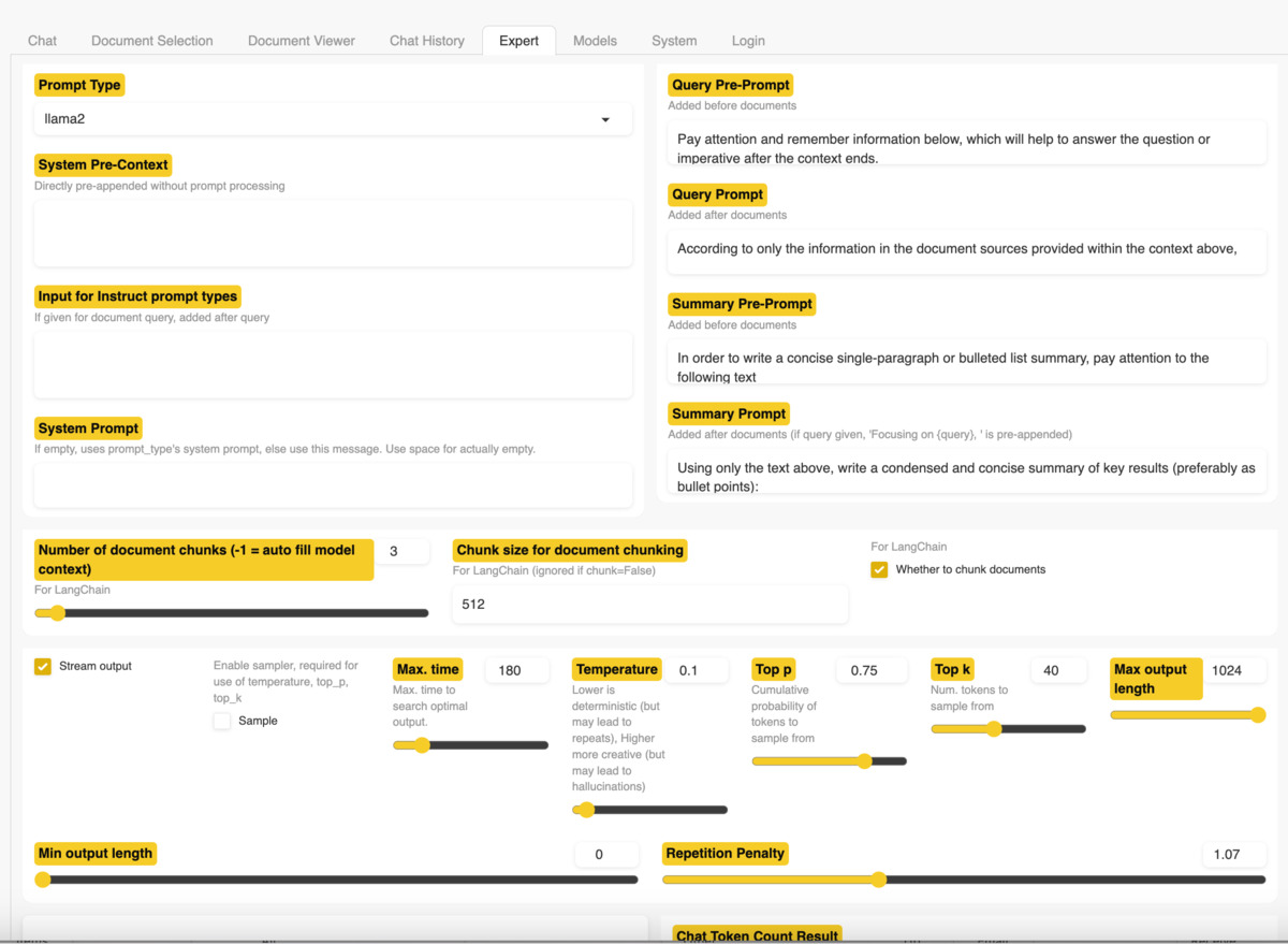 Tab options include system pre-context, query pre-prompt, system prompt, number of chunks, and more.