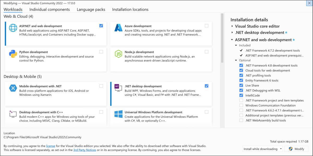 visual studio workloads