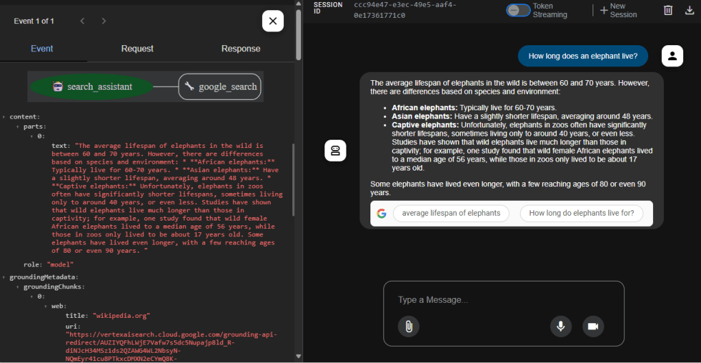 The Google Agent Development Kit web interface showing debugging info.