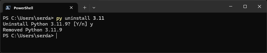 Removing Python 3.11 with the Python Installation Manager.