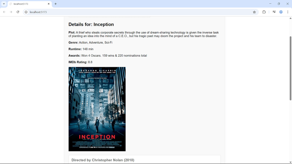 Screenshot of the Svelte app showing a detail page for "Inception."